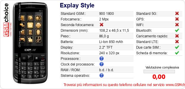 Explay Style Dati tecnici di telefono cellulare 