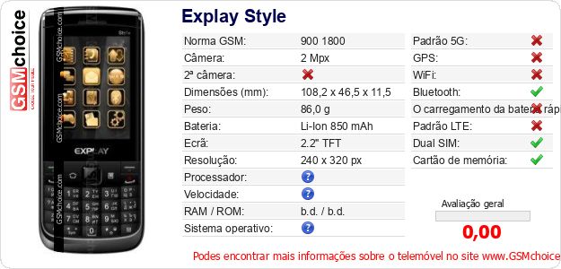 Explay Style Especificações técnicas do telemóvel Explay Style Especificações técnicas do telemóvel