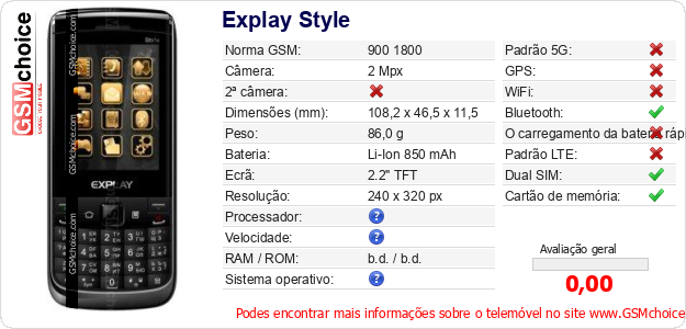 Explay Style Especificações técnicas do telemóvel 