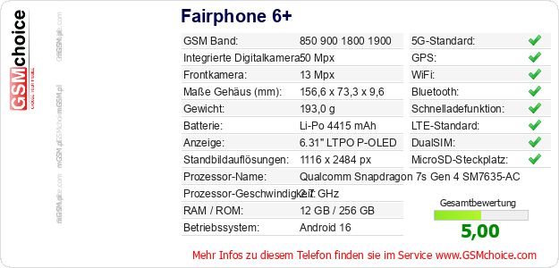 Fairphone 6+ technische Daten Fairphone 6+ technische Daten