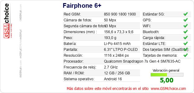 Fairphone 6+ Datos técnicos del móvil Fairphone 6+ Datos técnicos del móvil