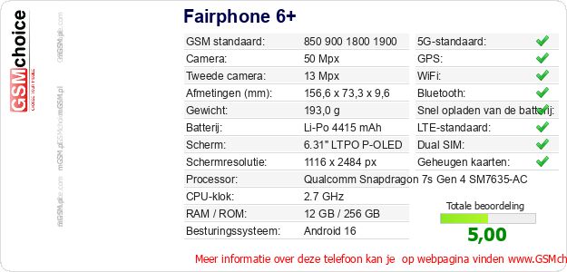 Fairphone 6+ Technische gegevens Fairphone 6+ Technische gegevens