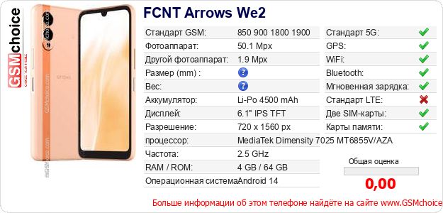 FCNT Arrows We2 Технические данные телефона FCNT Arrows We2 Технические данные телефона