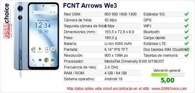 FCNT Arrows We3 Datos técnicos del móvil FCNT Arrows We3 Datos técnicos del móvil