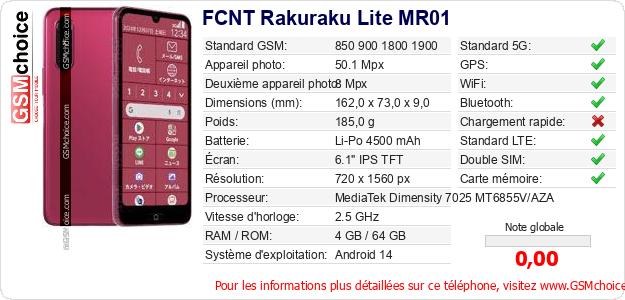 FCNT Rakuraku Lite MR01 Fiche technique