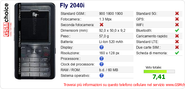 Fly 2040i Dati tecnici di telefono cellulare Fly 2040i Dati tecnici di telefono cellulare
