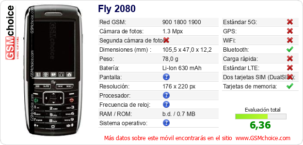 Fly 2080 Datos técnicos del móvil Fly 2080 Datos técnicos del móvil