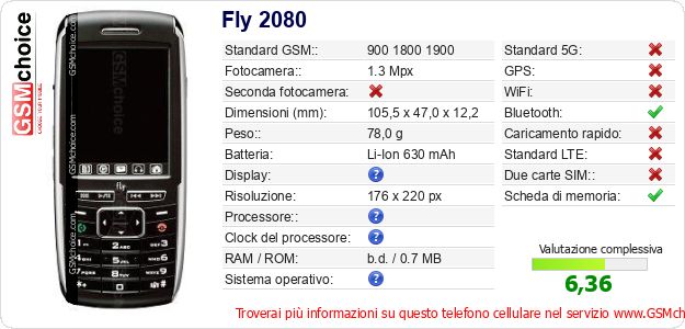 Fly 2080 Dati tecnici di telefono cellulare 