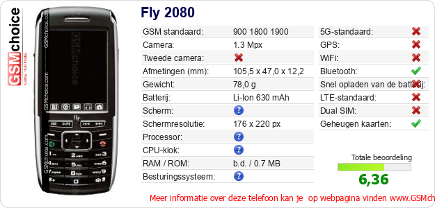 Fly 2080 Technische gegevens 