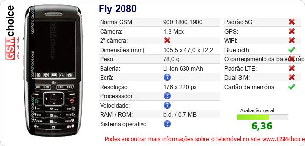 Fly 2080 Especificações técnicas do telemóvel 