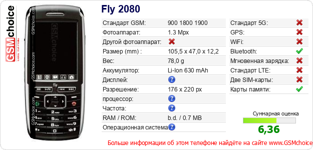 Fly 2080 Технические данные телефона Fly 2080 Технические данные телефона