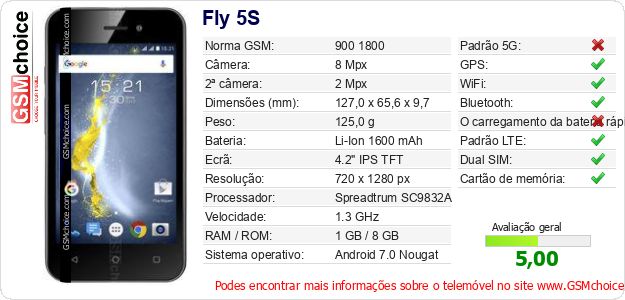 Fly 5S Especificações técnicas do telemóvel Fly 5S Especificações técnicas do telemóvel