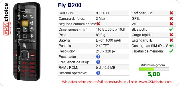 Fly B200 Datos técnicos del móvil Fly B200 Datos técnicos del móvil