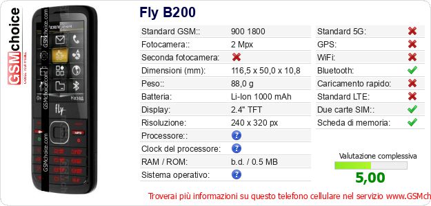 Fly B200 Dati tecnici di telefono cellulare Fly B200 Dati tecnici di telefono cellulare