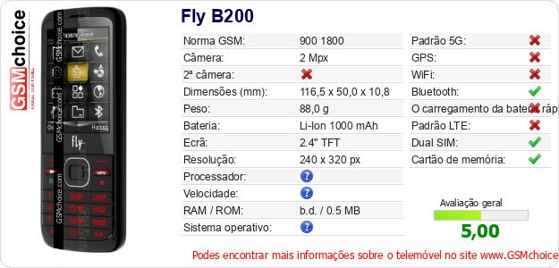 Fly B200 Especificações técnicas do telemóvel Fly B200 Especificações técnicas do telemóvel
