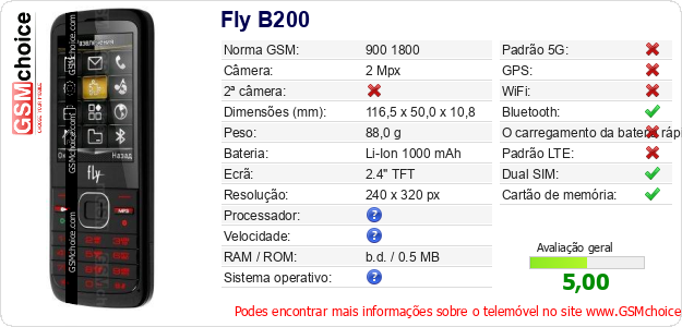 Fly B200 Especificações técnicas do telemóvel 