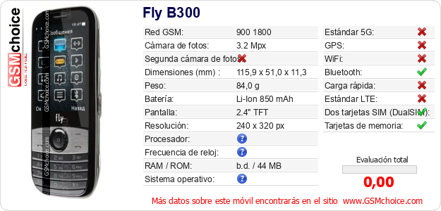 Fly B300 Datos técnicos del móvil Fly B300 Datos técnicos del móvil