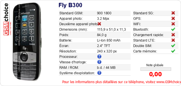 Fly B300 Fiche technique
