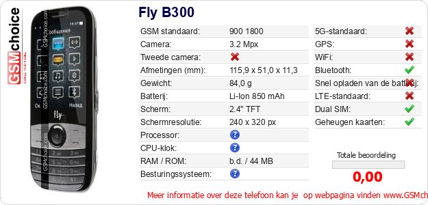 Fly B300 Technische gegevens Fly B300 Technische gegevens