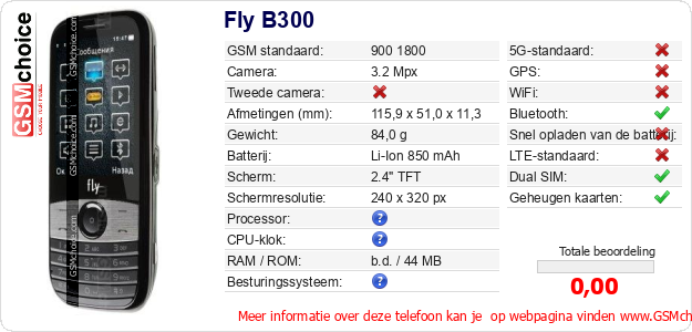 Fly B300 Technische gegevens Fly B300 Technische gegevens