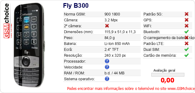 Fly B300 Especificações técnicas do telemóvel 