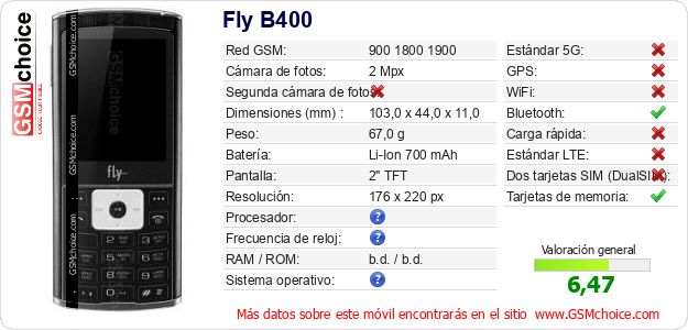 Fly B400 Datos técnicos del móvil Fly B400 Datos técnicos del móvil