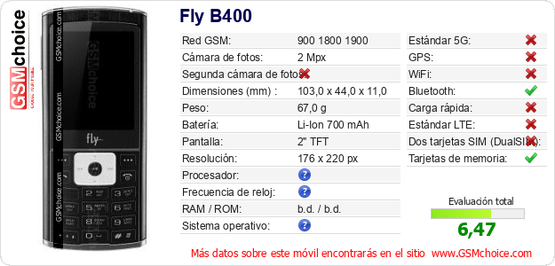 Fly B400 Datos técnicos del móvil Fly B400 Datos técnicos del móvil