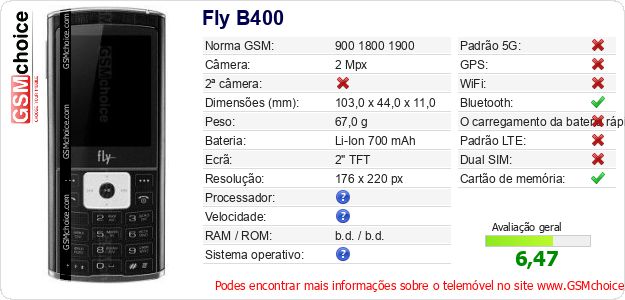 Fly B400 Especificações técnicas do telemóvel Fly B400 Especificações técnicas do telemóvel