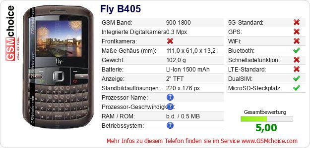 Fly B405 technische Daten Fly B405 technische Daten