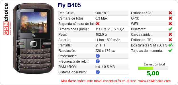 Fly B405 Datos técnicos del móvil 