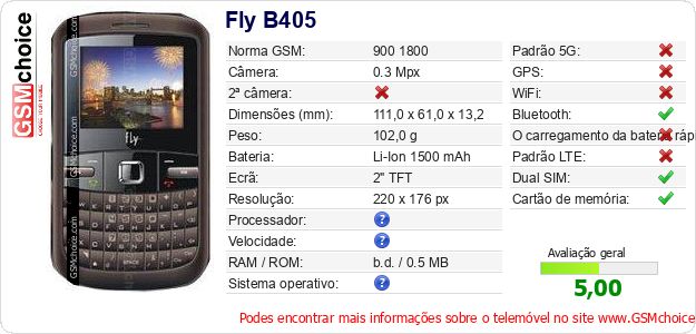 Fly B405 Especificações técnicas do telemóvel 