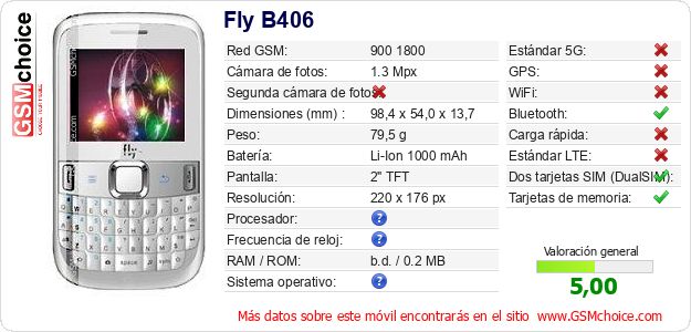 Fly B406 Datos técnicos del móvil 