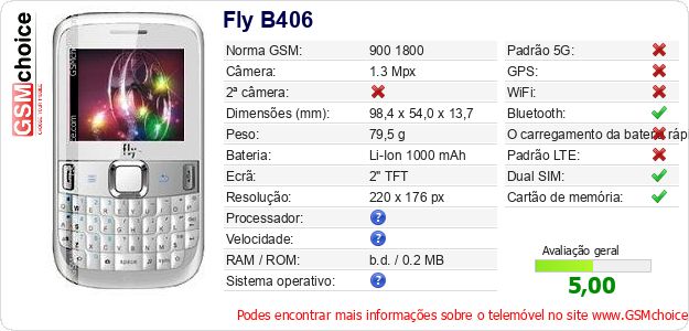 Fly B406 Especificações técnicas do telemóvel 