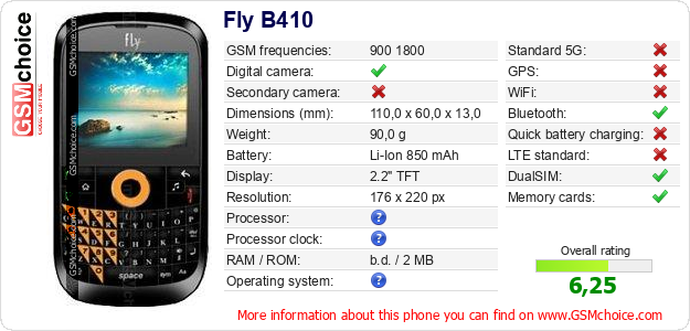 Fly B410 technical specifications Fly B410 technical specifications
