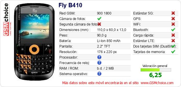 Fly B410 Datos técnicos del móvil 