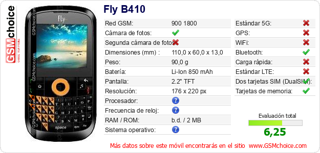 Fly B410 Datos técnicos del móvil 