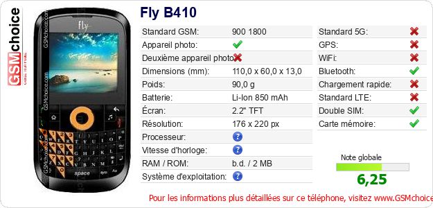 Fly B410 Fiche technique Fly B410 Fiche technique
