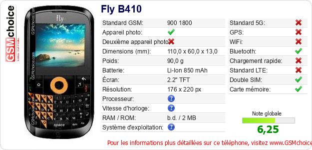 Fly B410 Fiche technique Fly B410 Fiche technique