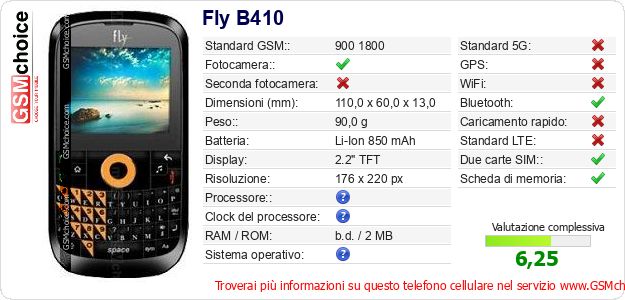 Fly B410 Dati tecnici di telefono cellulare 