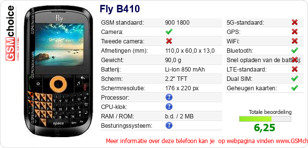 Fly B410 Technische gegevens 