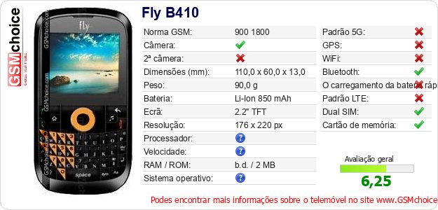 Fly B410 Especificações técnicas do telemóvel 