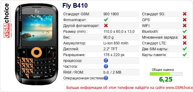 Fly B410 Технические данные телефона Fly B410 Технические данные телефона