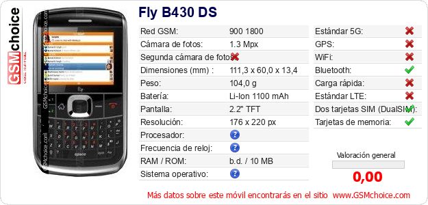 Fly B430 DS Datos técnicos del móvil 