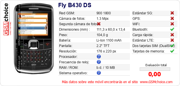 Fly B430 DS Datos técnicos del móvil 