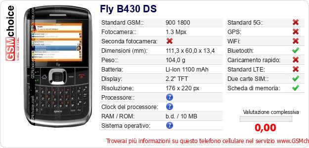 Fly B430 DS Dati tecnici di telefono cellulare Fly B430 DS Dati tecnici di telefono cellulare