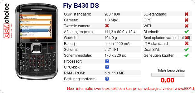 Fly B430 DS Technische gegevens Fly B430 DS Technische gegevens