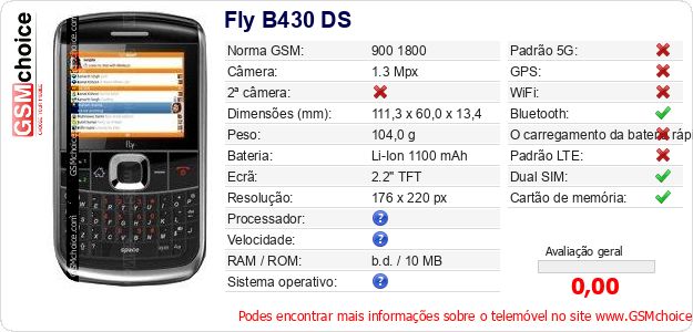 Fly B430 DS Especificações técnicas do telemóvel 