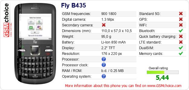 Fly B435 technical specifications Fly B435 technical specifications