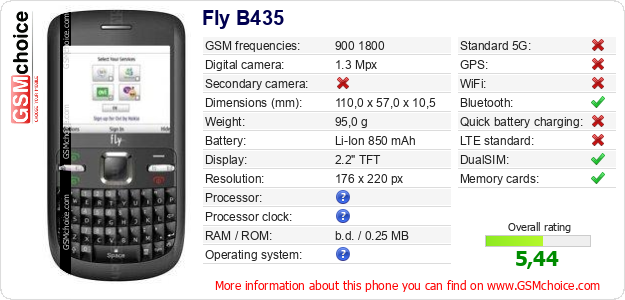 Fly B435 technical specifications Fly B435 technical specifications