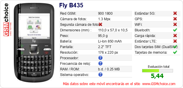 Fly B435 Datos técnicos del móvil 